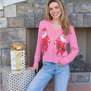 Pink Santa Sequin Tacky Christmas Holiday Cardigan Sweater XXL